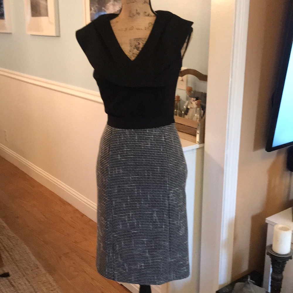 Tahari Black Top with Gray Tweed Midi Skirt Dress